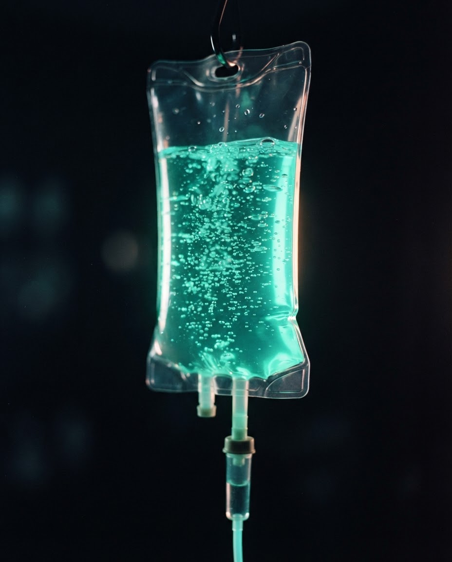 IV drip bag with light passing through it